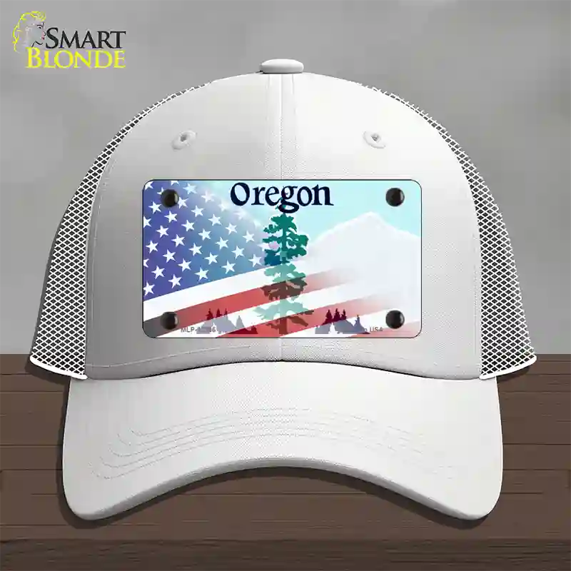 Oregon with American Flag Novelty License Plate Hat Mesh / White