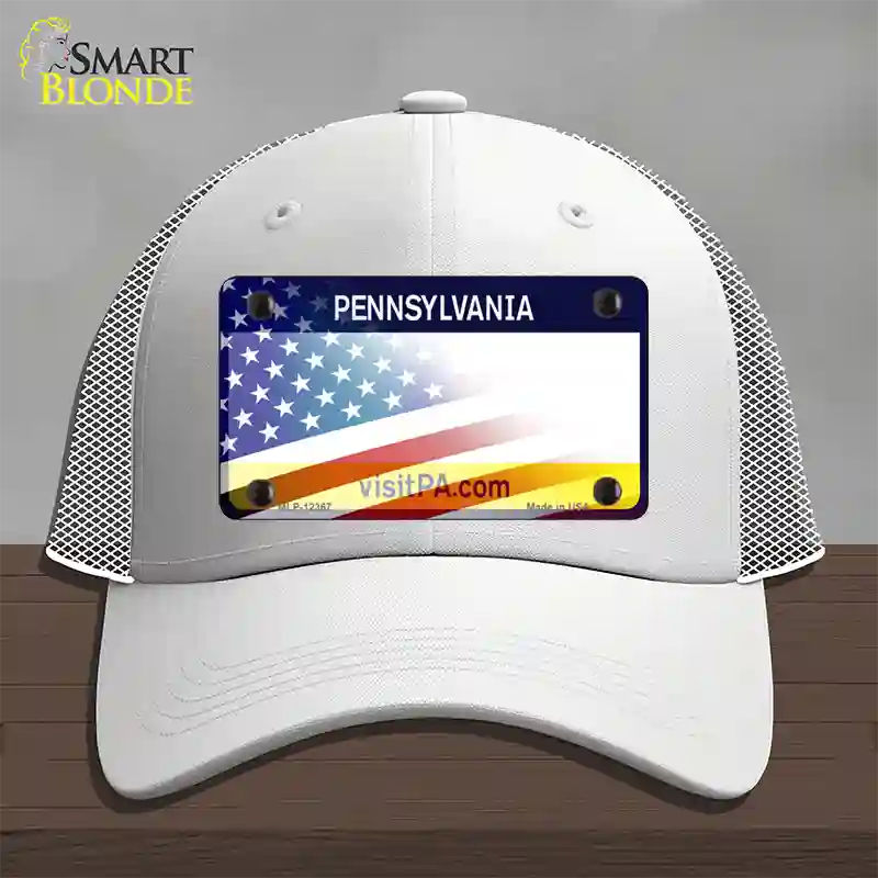 Pennsylvania with American Flag Novelty License Plate Hat Mesh / White