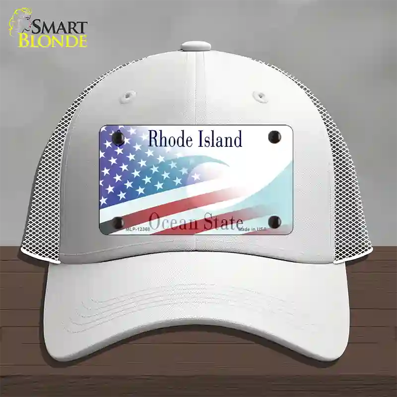 Rhode Island with American Flag Novelty License Plate Hat Mesh / White