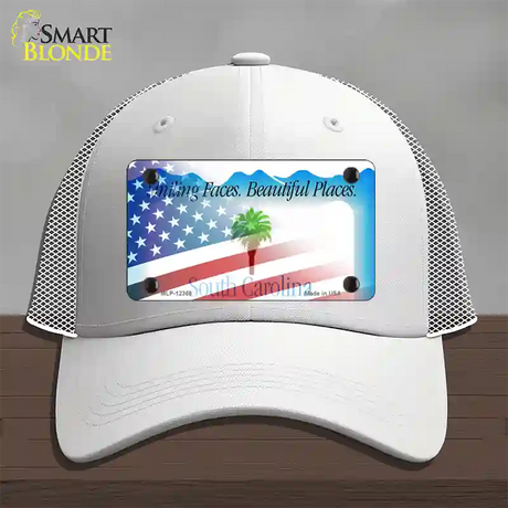 South Carolina with American Flag Novelty License Plate Hat Mesh / White