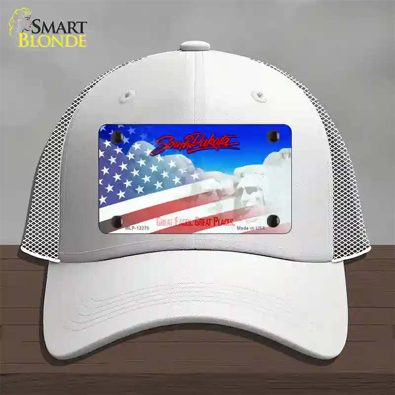 South Dakota with American Flag Novelty License Plate Hat Mesh / White