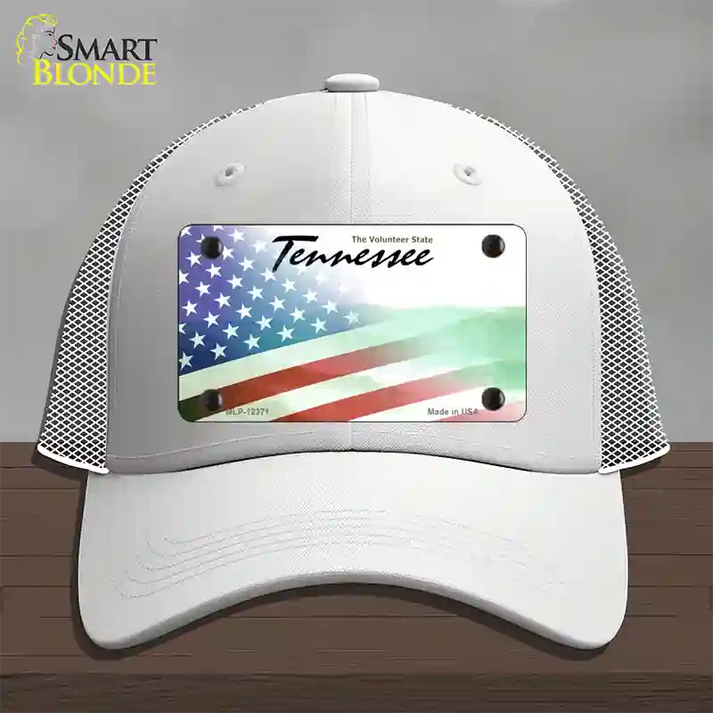 Tennessee with American Flag Novelty License Plate Hat Mesh / White