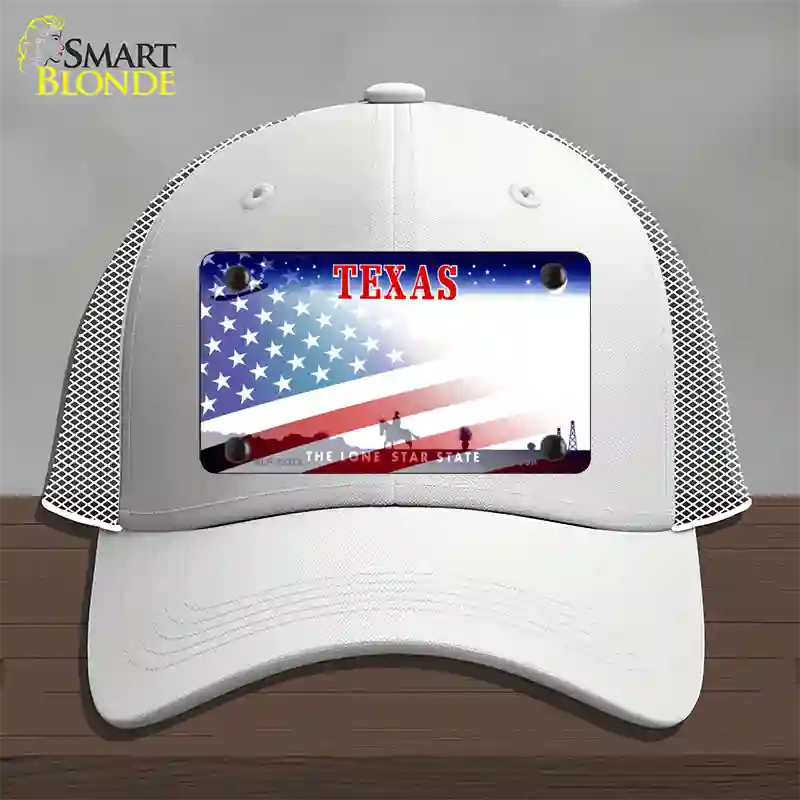 Texas with American Flag Novelty License Plate Hat Mesh / White