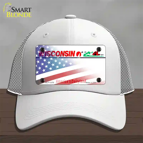 Wisconsin with American Flag Novelty License Plate Hat Mesh / White