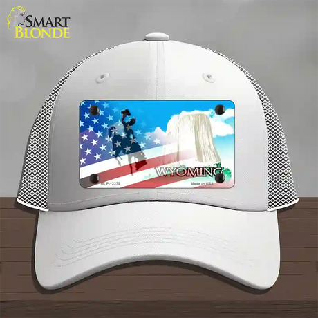 Wyoming with American Flag Novelty License Plate Hat Mesh / White