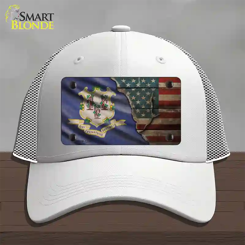 Connecticut/American Flag Novelty License Plate Hat Mesh / White