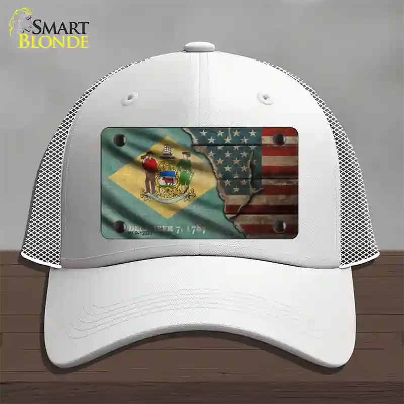 Delaware/American Flag Novelty License Plate Hat Mesh / White