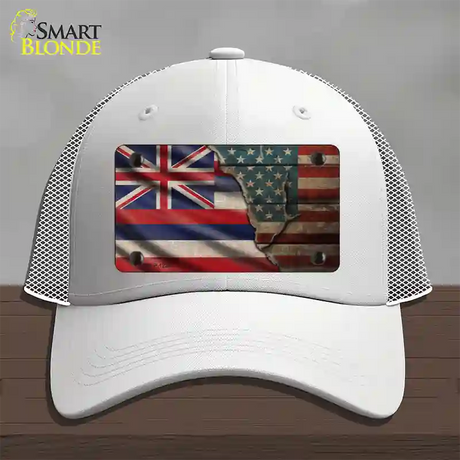 Hawaii/American Flag Novelty License Plate Hat Mesh / White