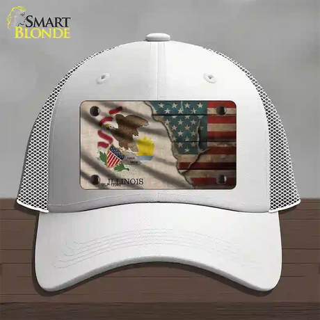 Illinois/American Flag Novelty License Plate Hat Mesh / White