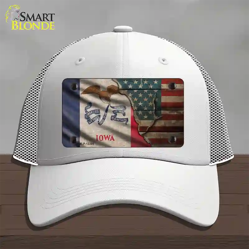 Iowa/American Flag Novelty License Plate Hat Mesh / White