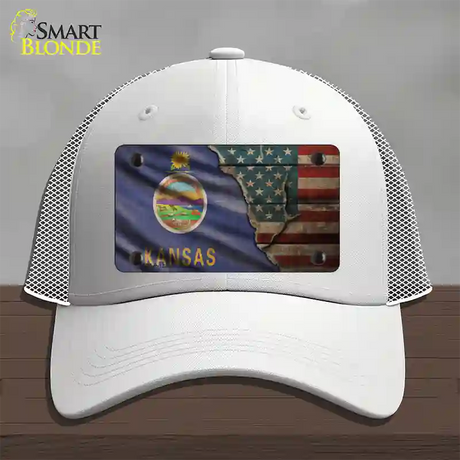 Kansas/American Flag Novelty License Plate Hat Mesh / White