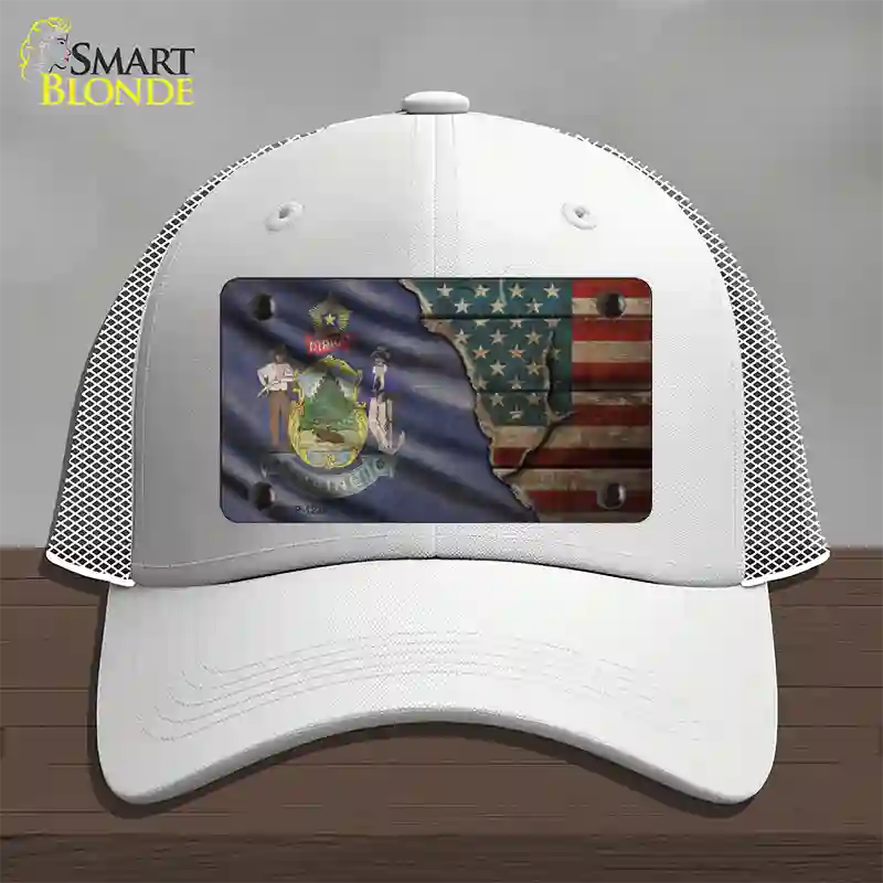 Maine/American Flag Novelty License Plate Hat Mesh / White