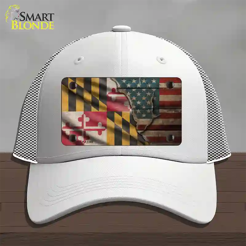 Maryland/American Flag Novelty License Plate Hat Mesh / White