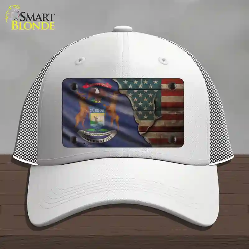 Michigan/American Flag Novelty License Plate Hat Mesh / White