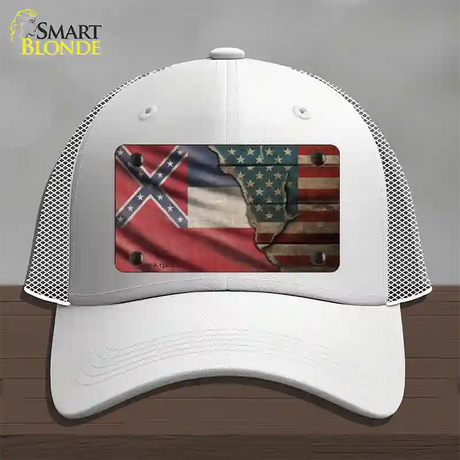 Mississippi/American Flag Novelty License Plate Hat Mesh / White