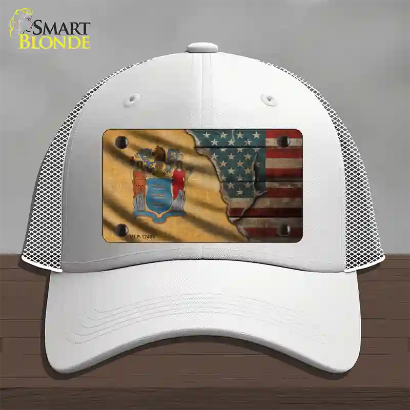 New Jersey/American Flag Novelty License Plate Hat Mesh / White