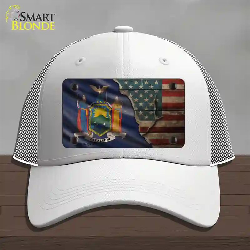 New York/American Flag Novelty License Plate Hat Mesh / White