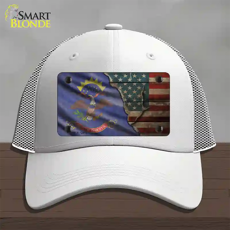 North Dakota/American Flag Novelty License Plate Hat Mesh / White