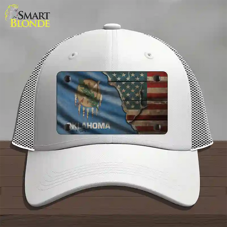 Oklahoma/American Flag Novelty License Plate Hat Mesh / White