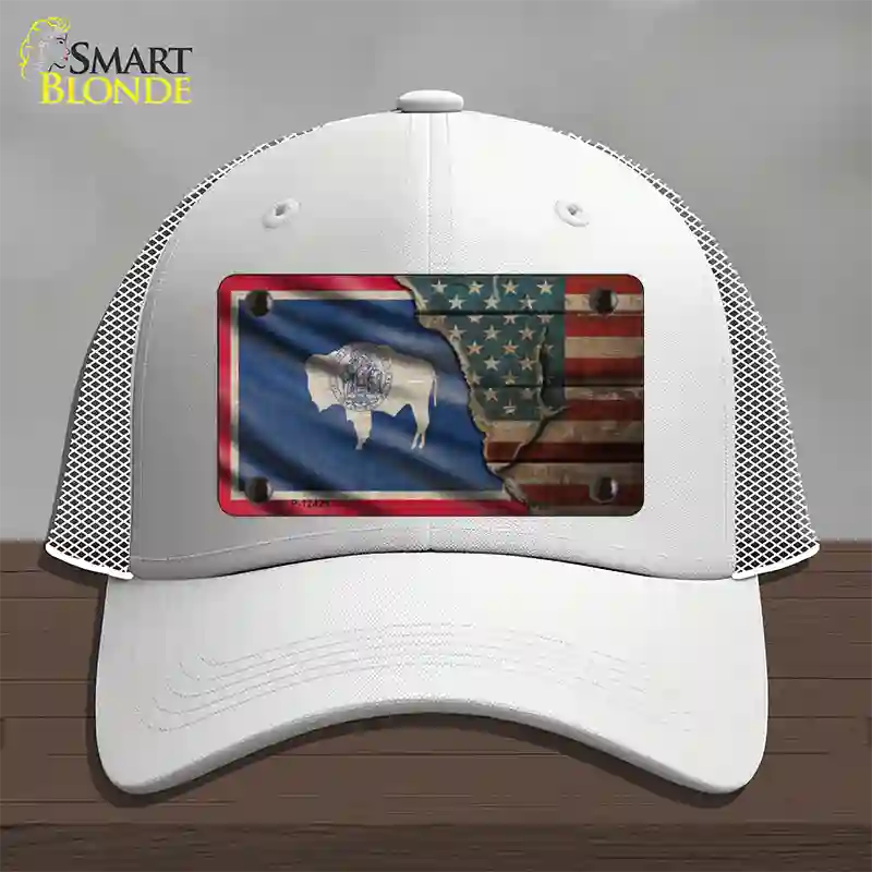 Wyoming/American Flag Novelty License Plate Hat Mesh / White