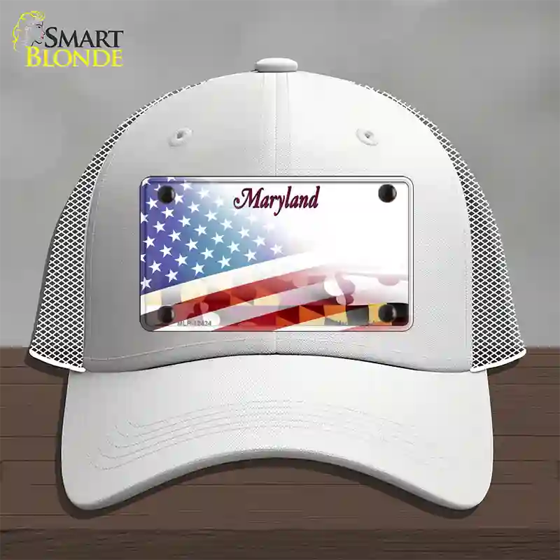 Maryland State with American Flag Novelty License Plate Hat Mesh / White