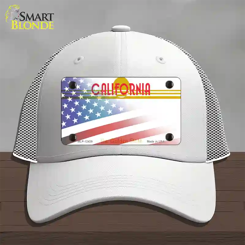 California Golden with American Flag Novelty License Plate Hat Mesh / White