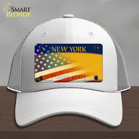 New York Yellow with American Flag Novelty License Plate Hat Mesh / White