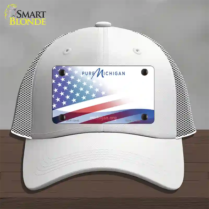 Pure Michigan Plate American Flag Novelty License Plate Hat Mesh / White