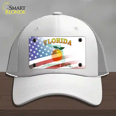 Florida Orange with American Flag Novelty License Plate Hat Mesh / White