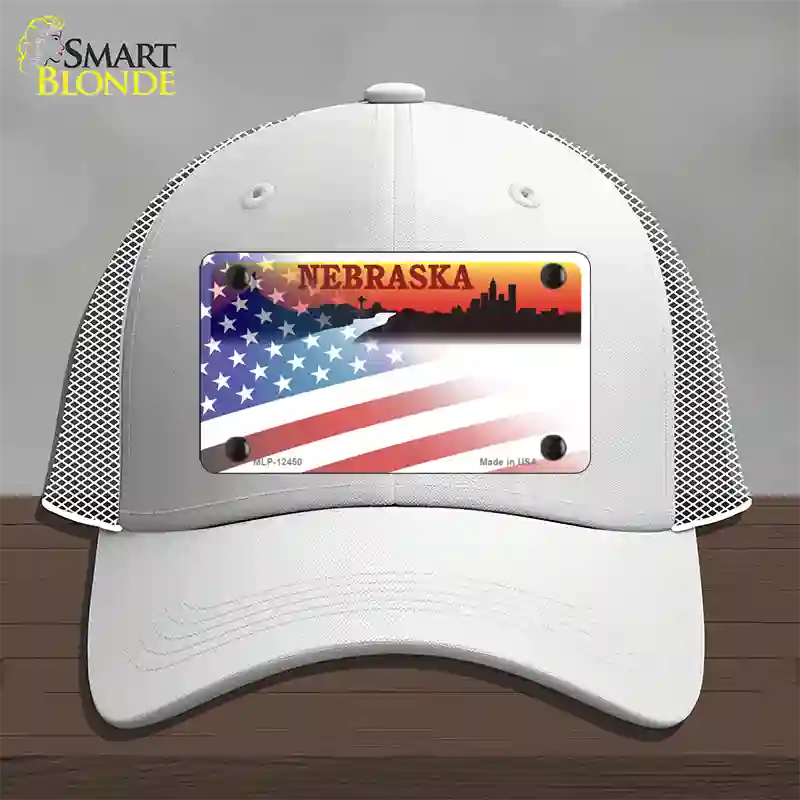 Nebraska Amber with American Flag Novelty License Plate Hat Mesh / White