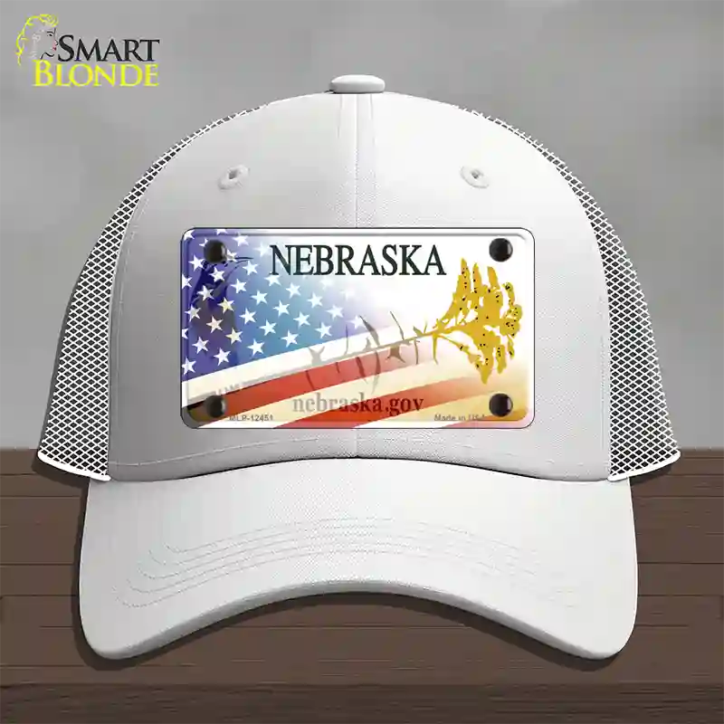 Nebraska Plate American Flag Novelty License Plate Hat Mesh / White