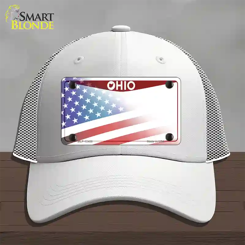 Ohio State American Flag Novelty License Plate Hat Mesh / White