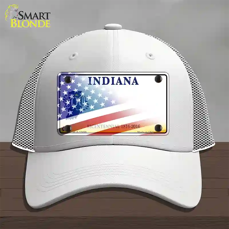 Indiana Bicentennial with American Flag Novelty License Plate Hat Mesh / White