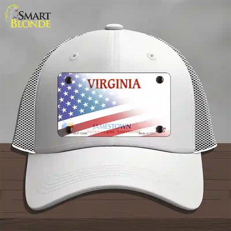 Virginia Jamestown with American Flag Novelty License Plate Hat Mesh / White