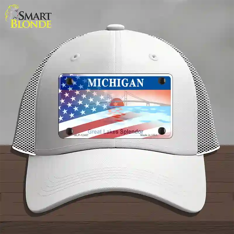 Michigan Splendor with American Flag Novelty License Plate Hat Mesh / White