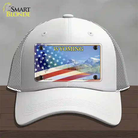 Wyoming State with American Flag Novelty License Plate Hat Mesh / White