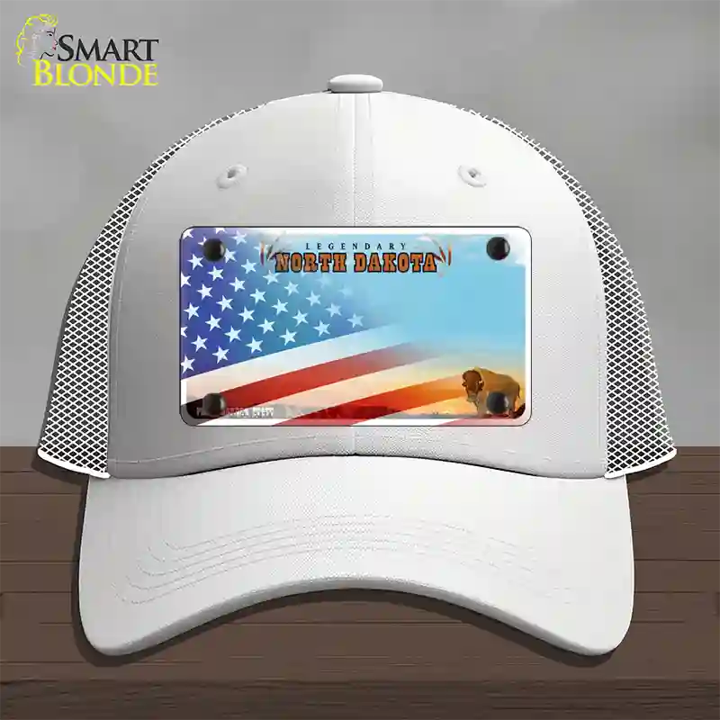 North Dakota Legendary with American Flag Novelty License Plate Hat Mesh / White