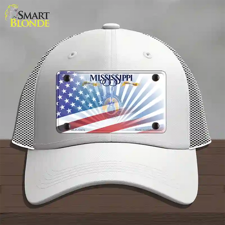 Mississippi Blue with American Flag Novelty License Plate Hat Mesh / White