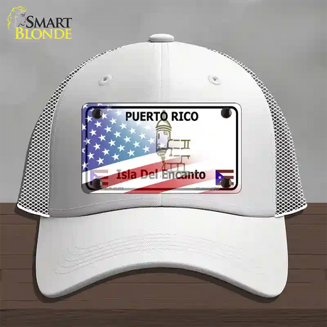 Puerto Rico with American Flag Novelty License Plate Hat Mesh / White