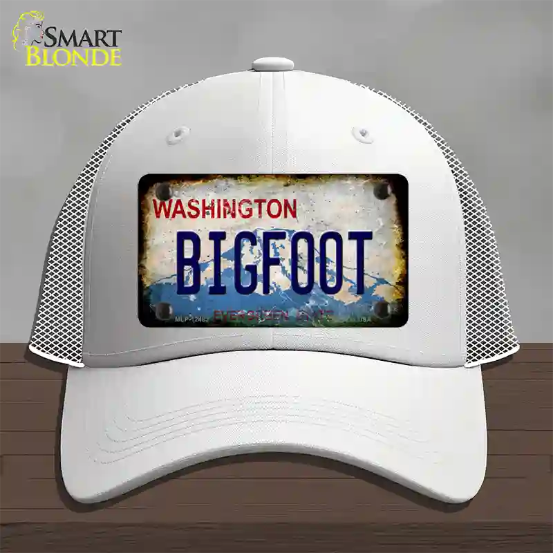 Bigfoot Washington Rusty Novelty License Plate Hat Mesh / White