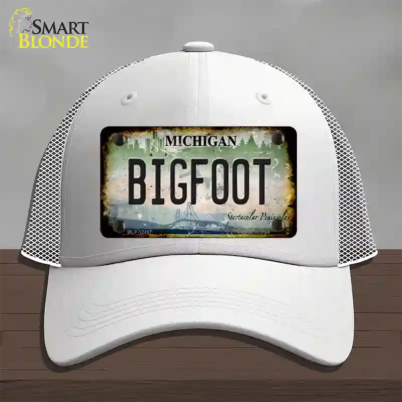 Bigfoot Michigan Novelty License Plate Hat Mesh / White