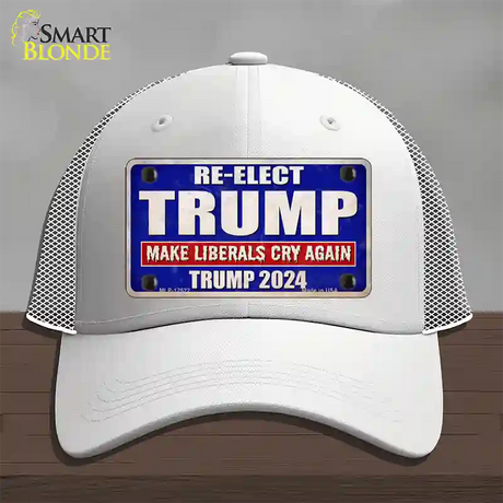 Re-Elect Trump 2024 Blue Novelty License Plate Hat Mesh / White