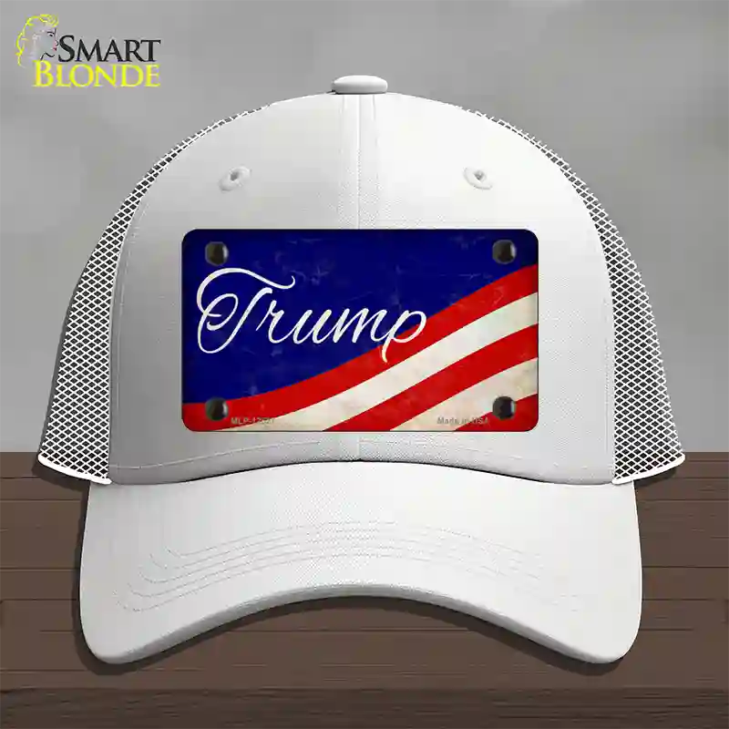 Trump on Waving Flag Novelty License Plate Hat Mesh / White