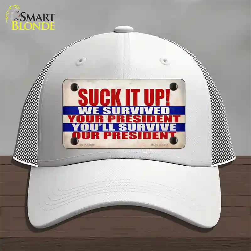 Suck It Up We Survived Novelty License Plate Hat Mesh / White