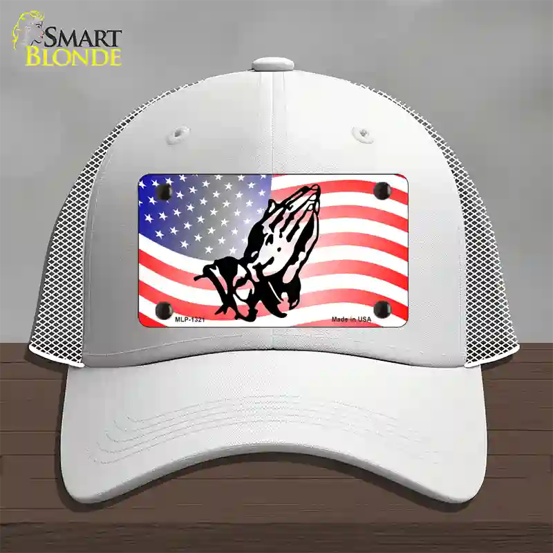 American Flag Praying Hands Novelty License Plate Hat Mesh / White