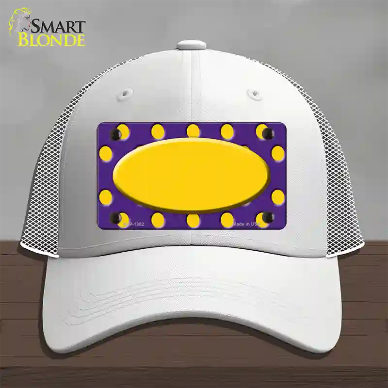 Yellow Purple Polka Dot Center Oval Novelty License Plate Hat Mesh / White