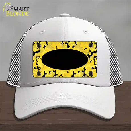 Yellow Black Camouflage With Black Center Oval Novelty License Plate Hat Mesh / White