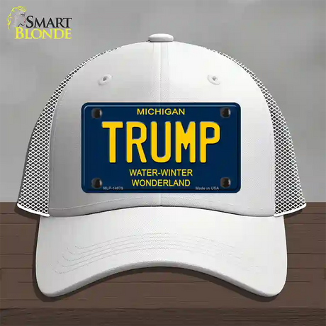 Trump Michigan Blue Novelty License Plate Hat Mesh / White