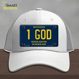 1 God Michigan Blue Novelty License Plate Hat Mesh / White