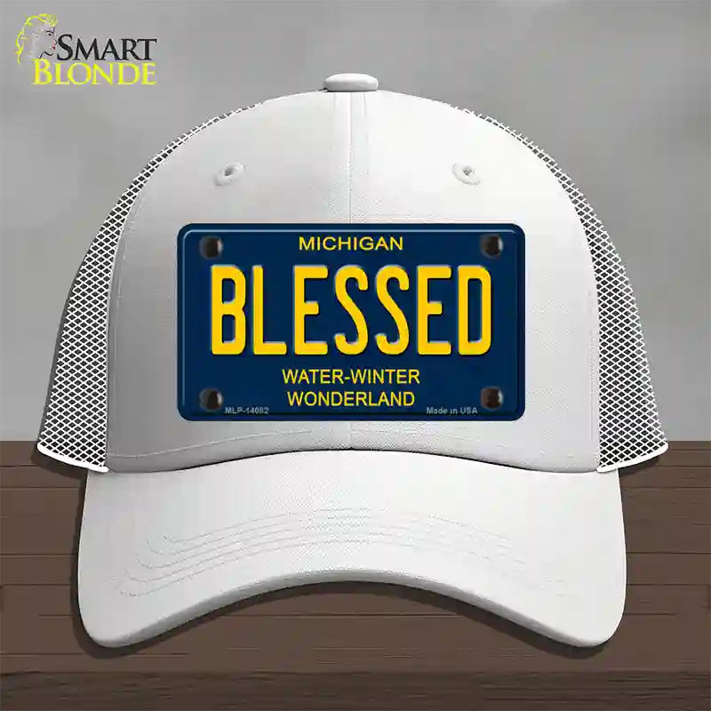 Blessed Michigan Blue Novelty License Plate Hat Mesh / White